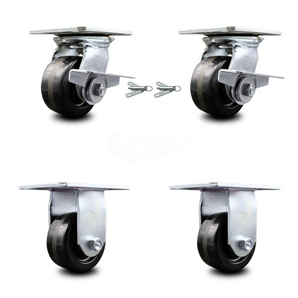 4 Inch Phenolic Caster Brakes/Swivel Locks and 2 Rigid, 2PK
